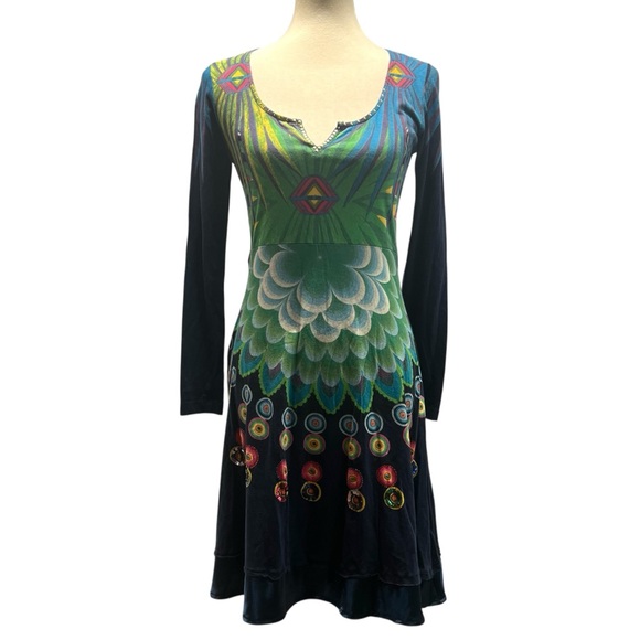 Desigual Blue Print Cotton Blend Long Sleeve Split Neck Boho Dress Women Medium - Picture 9 of 13